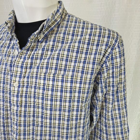 LL Bean Seersucker Textured Shirt Blue Yellow Plaid Button Down Men's LT - Picture 5 of 13